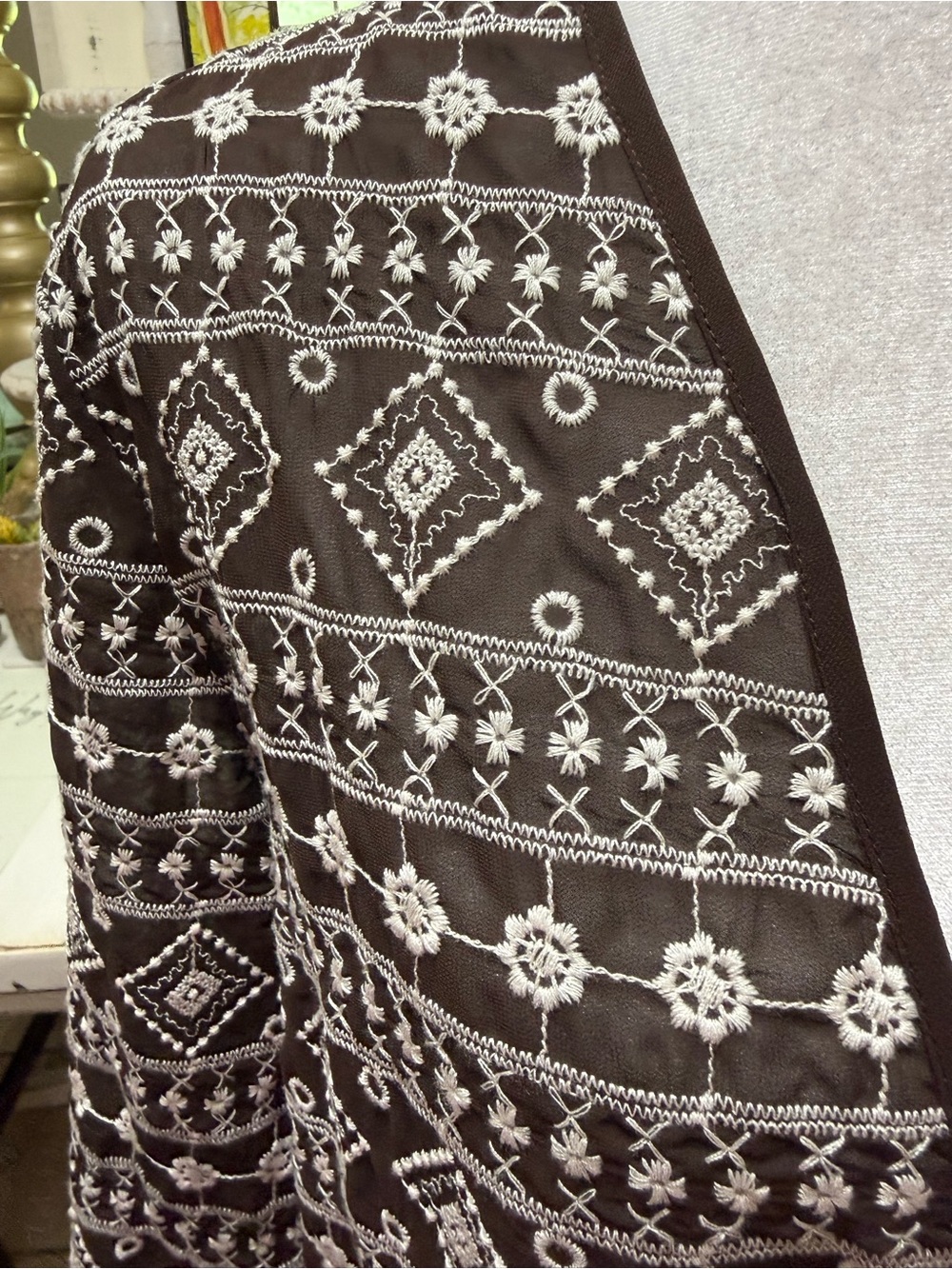 Chico's Brown and white Geometric Open Cardigan Medium - Picture 4 of 7